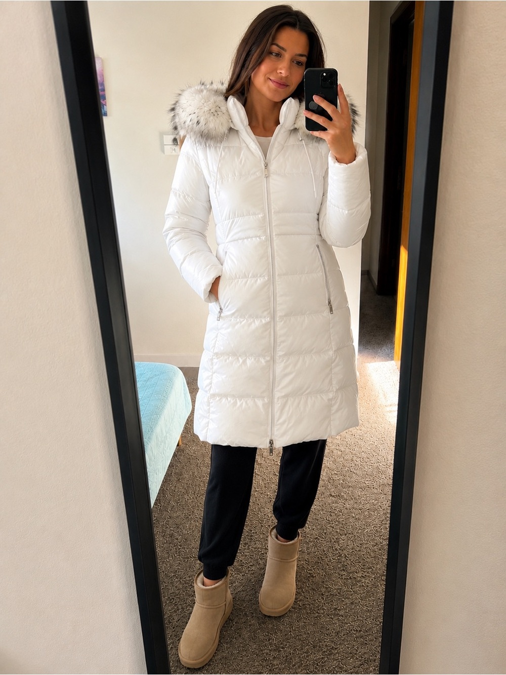 Laundry By Shelli Segal White Long Puffer Coat with Fur-Trim Hood